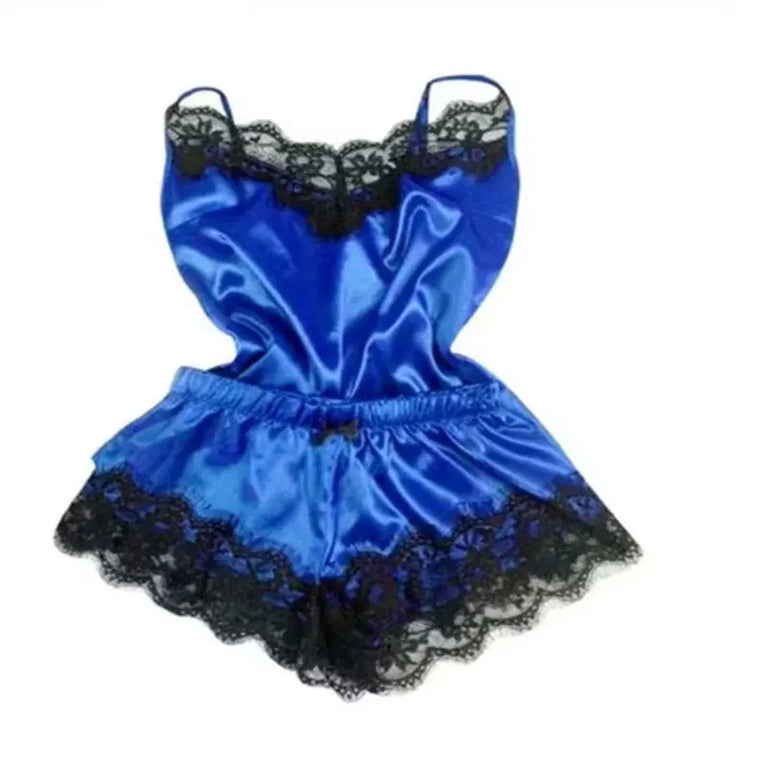 Lace Satin 2-Piece Pajama Set – Sexy V-Neck Strap Vest & Matching Sleep Shorts for Women