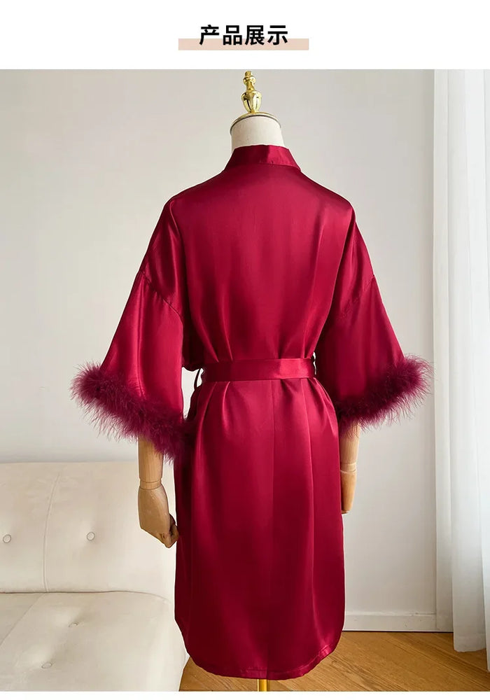 Bridal Satin Robe | Feather-Trim Wedding Kimono