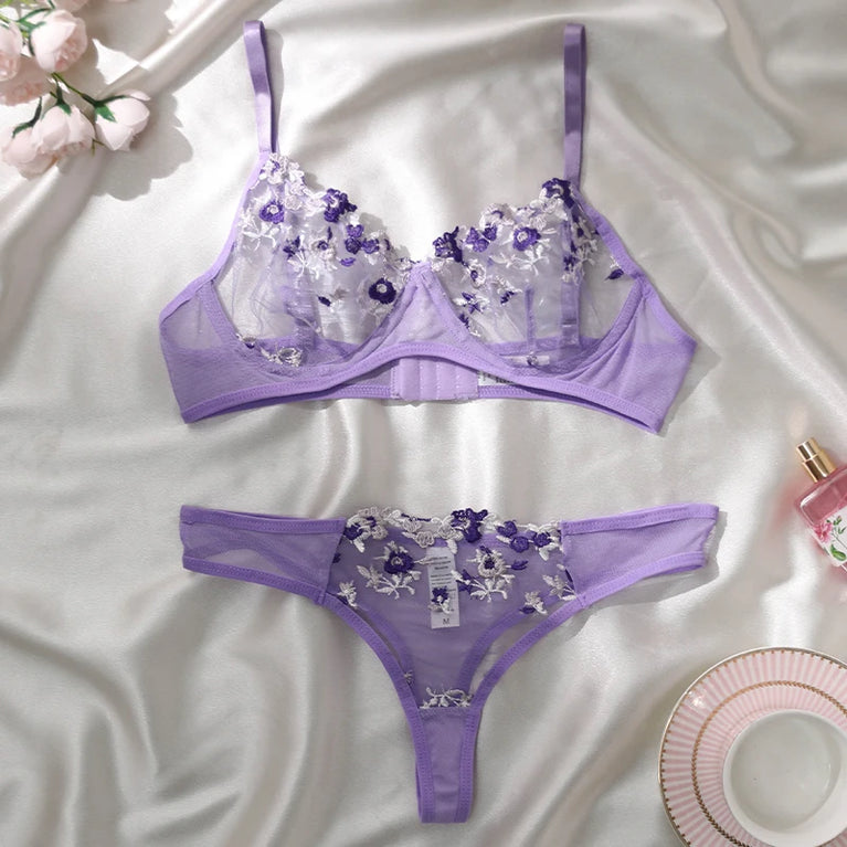 Floral Embroidery Wire-Free Bra & Brief Set – Unlined Sexy Lingerie