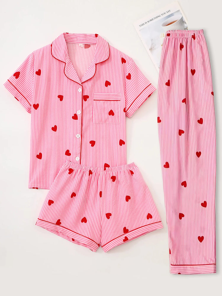 Women’s 3-Piece Pajama Set | Notch Lapel Top, Shorts & Pants