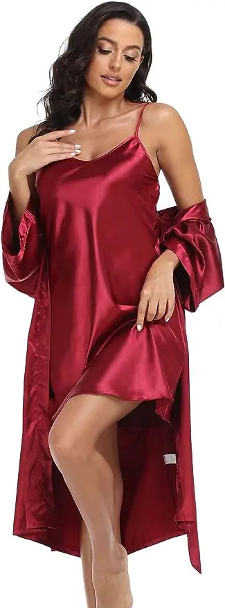 2pc Silk Pajama Set | Satin Robe & Chemise Nightgown