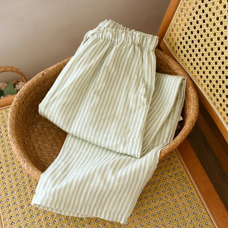 Cotton Gauze Pants | Striped Home Trousers