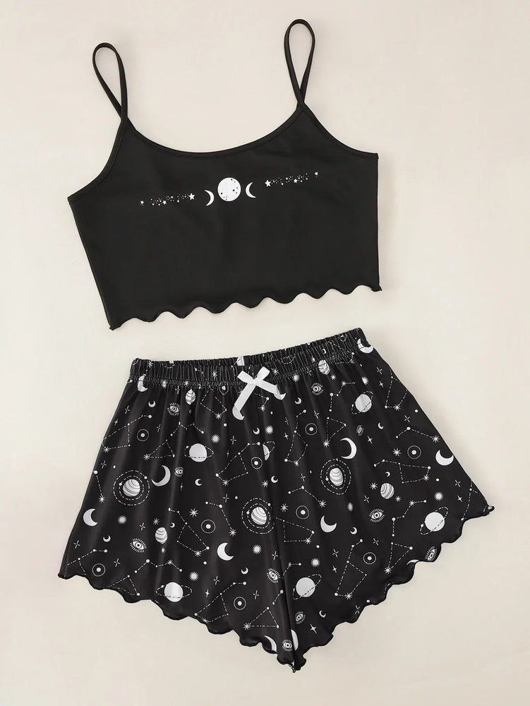 Star Moon Printed Pajama Set | Summer Sleeveless Sleepwear