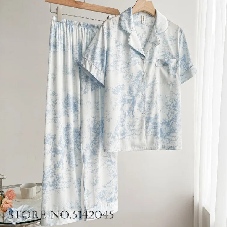 Elegant Floral Satin Pajama Set | Long Sleeve Summer Sleepwear