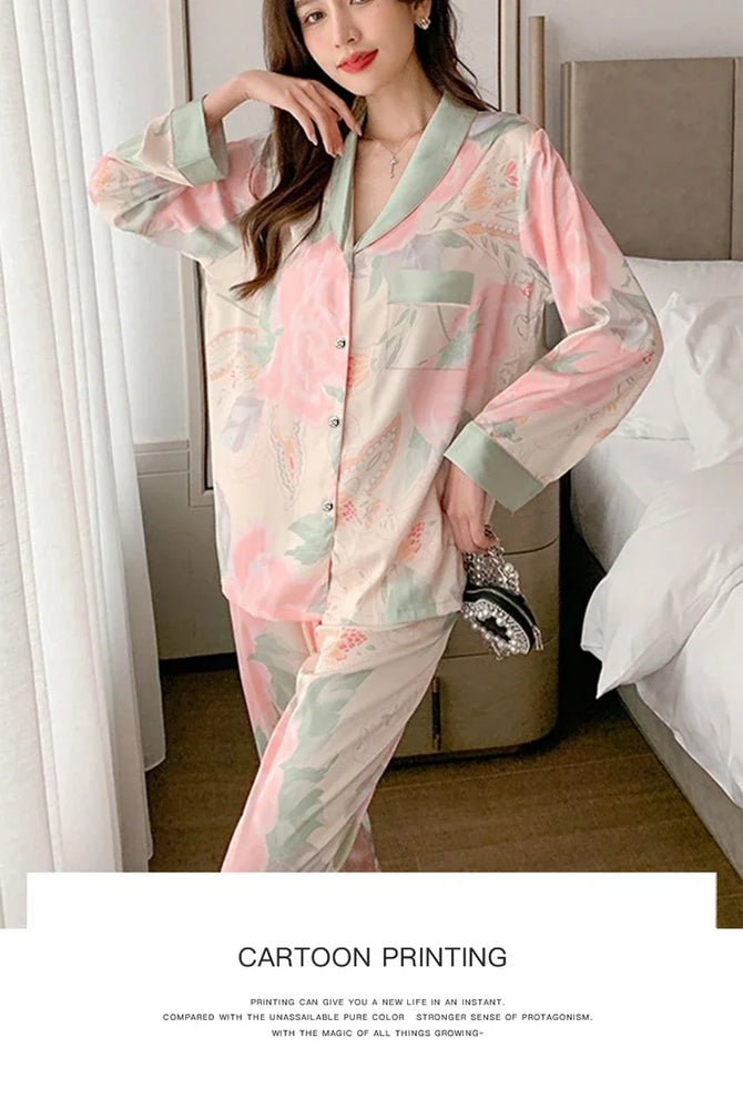 Women’s Floral Faux Silk Pajamas | 2-Piece Lapel Lounge Set