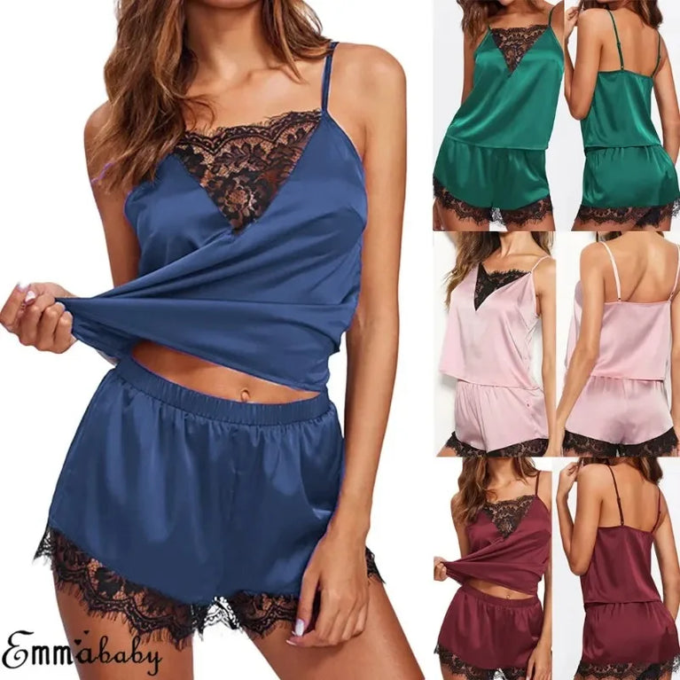 Ice Silk Pajama Set | V-Neck Cami & Lace Shorts