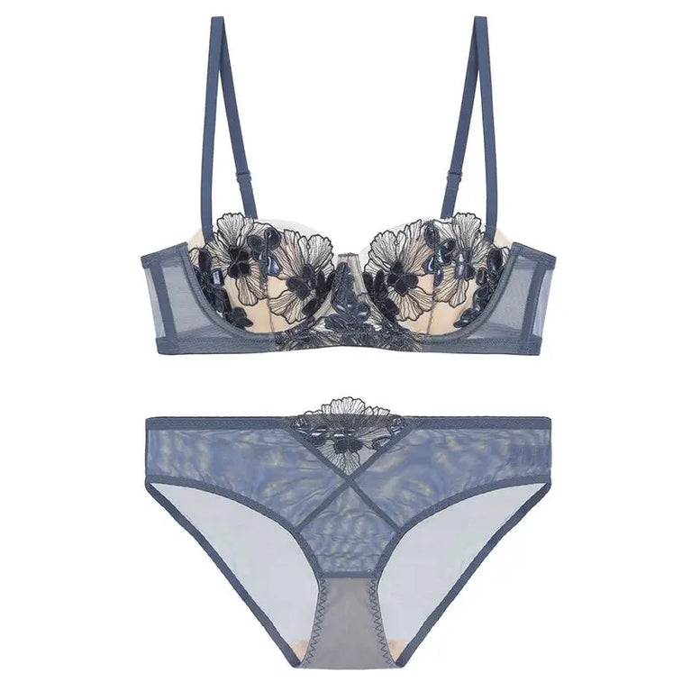 EMBROIDERY PUSH UP UNDERWIRE SEXY LINGERIE BRA SET FLORAL CUP