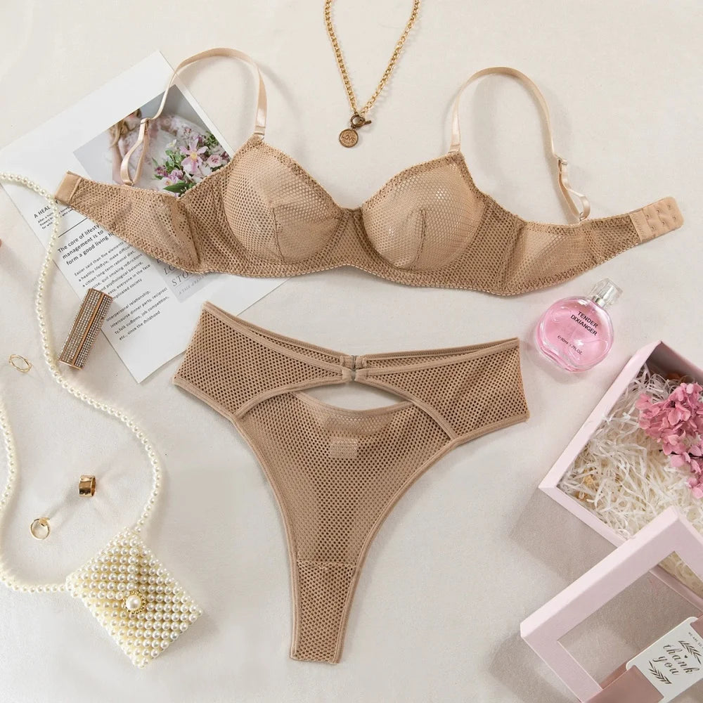 Hollow-Out Mesh Lingerie Set | Khaki See-Through 2-Piece Duo