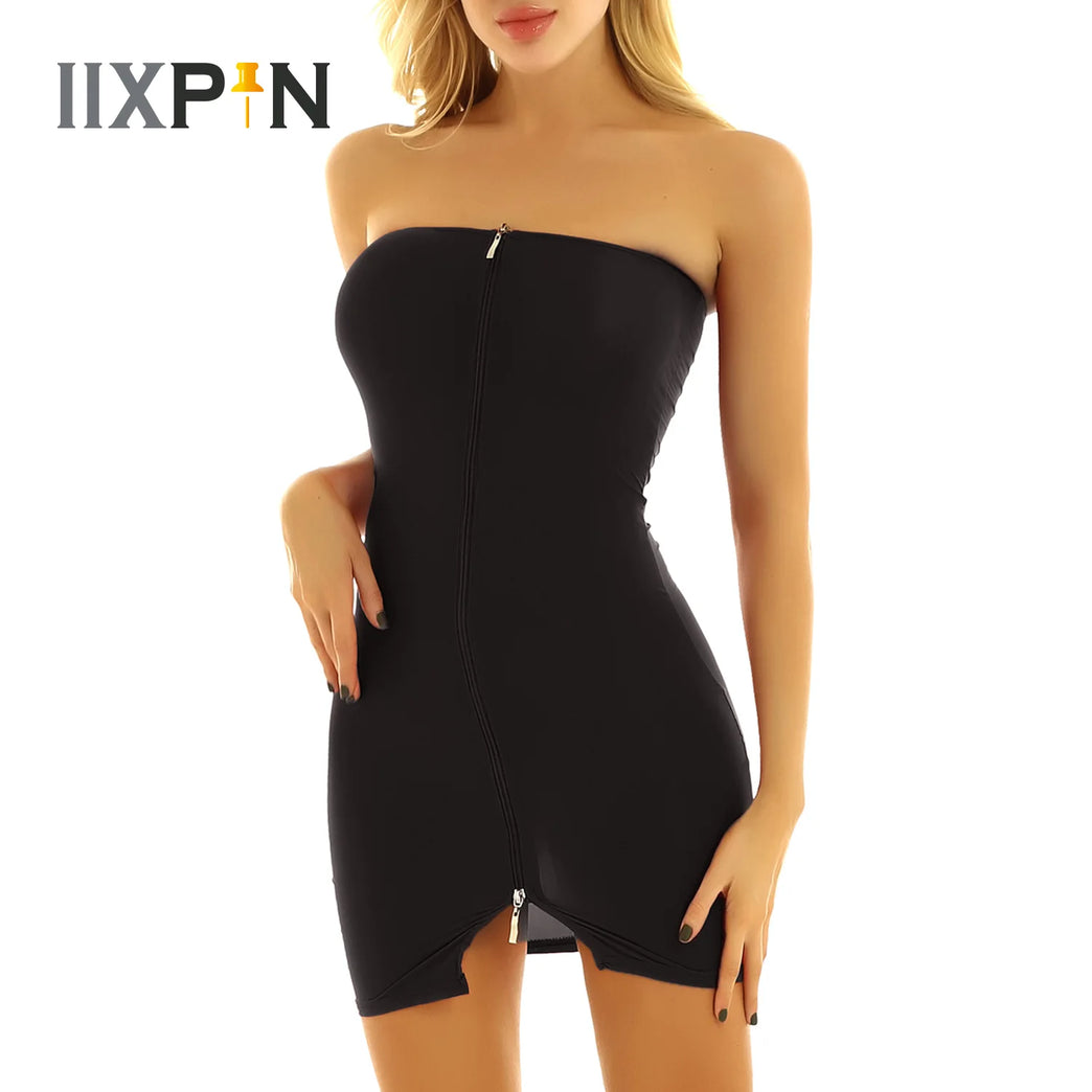 Womens Satin Slip Dress Strapless Zipper Bodycon Mini Club Nightwear Dress