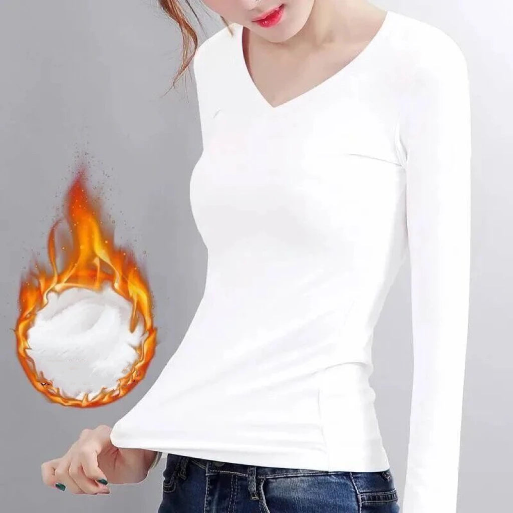 Womens Thermal Velvet T-Shirt | Warm Elastic Winter Base Layer