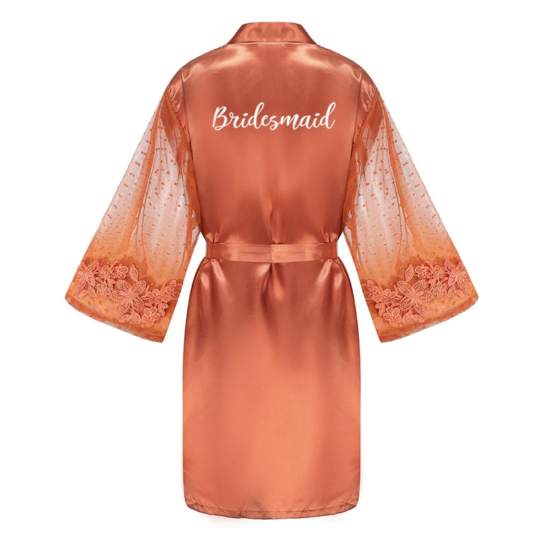 Caramel Wedding Robe | Mesh-Sleeve Satin Kimono