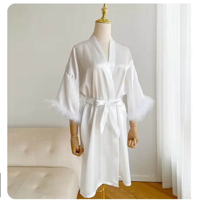 Bridal Satin Robe | Feather-Trim Wedding Kimono