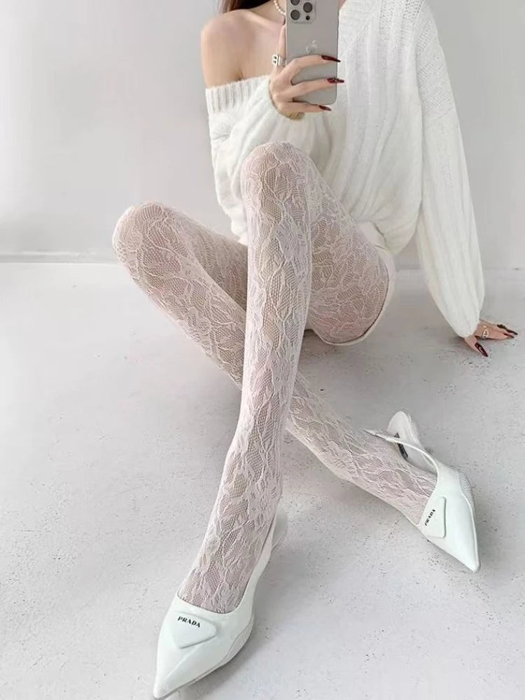 Floral Fishnet Tights | Sexy White Flower Mesh Pantyhose