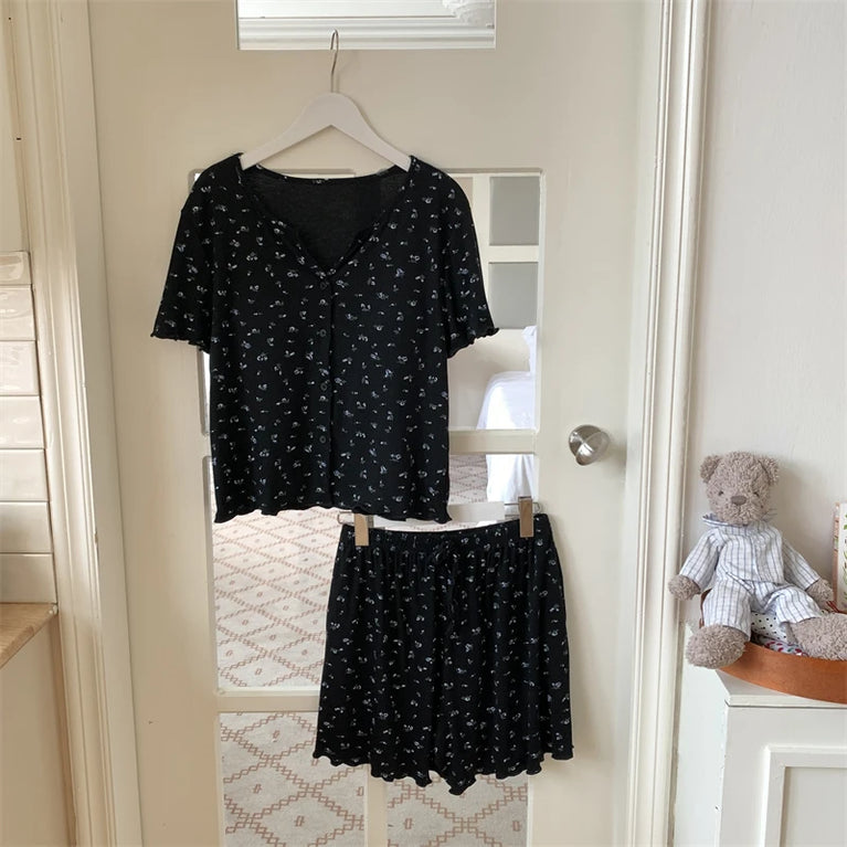 Women’s Floral Summer Pajama Set | Korean Style Home Clothes