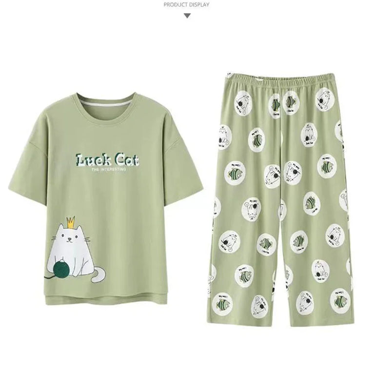 Women’s Milk Silk Pajama Set | Cute Cartoon Calf-Length Pants