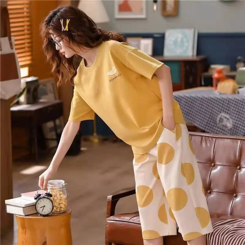 Women’s Summer Pajama Set | Short-Sleeve & Calf-Length Pants