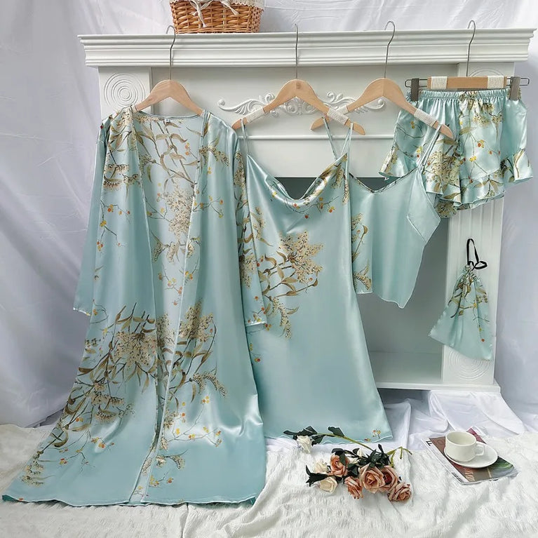 5-Piece Floral Satin Pajama Set | Luxury Silk-Feel Sleepwear