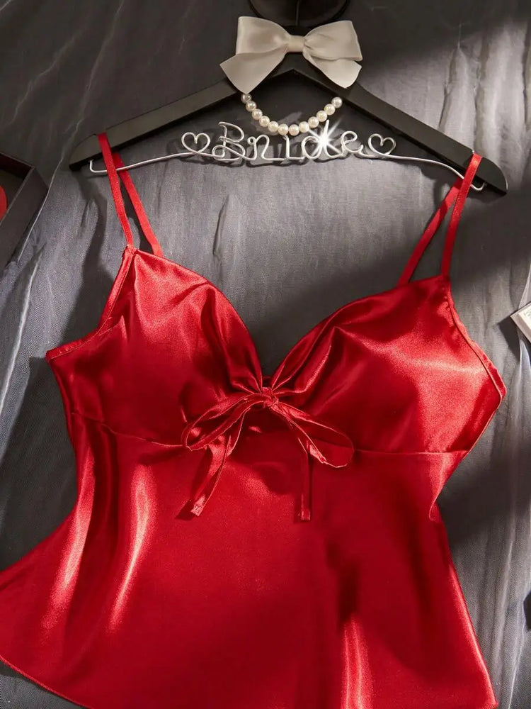 Red Satin Heart Pajama Set | Silky Tie-Knot Cami & Shorts