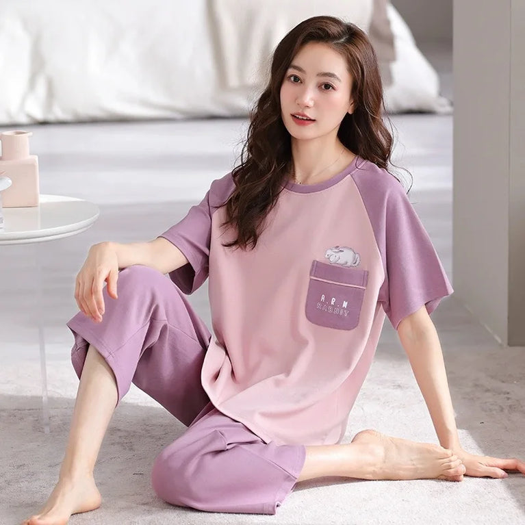 Women’s Summer Pajama Set | Short-Sleeve & Calf-Length Pants