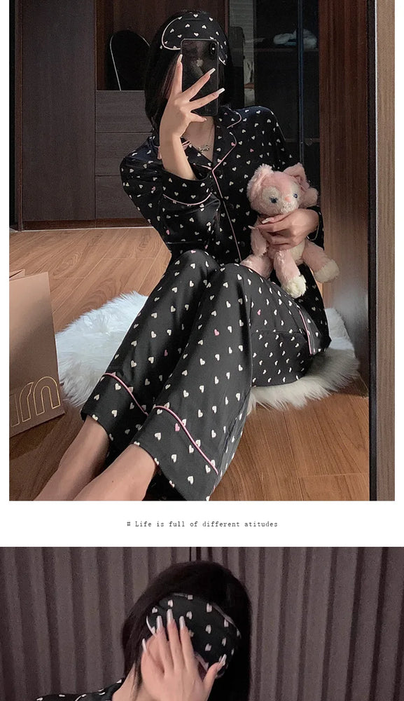 Women’s Ice Silk Pajama Set | Long Sleeve Love Print Nighty