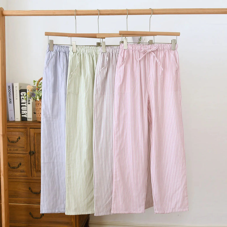 Cotton Gauze Pants | Striped Home Trousers