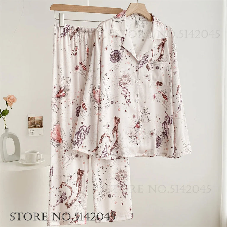 Elegant Floral Satin Pajama Set | Long Sleeve Summer Sleepwear