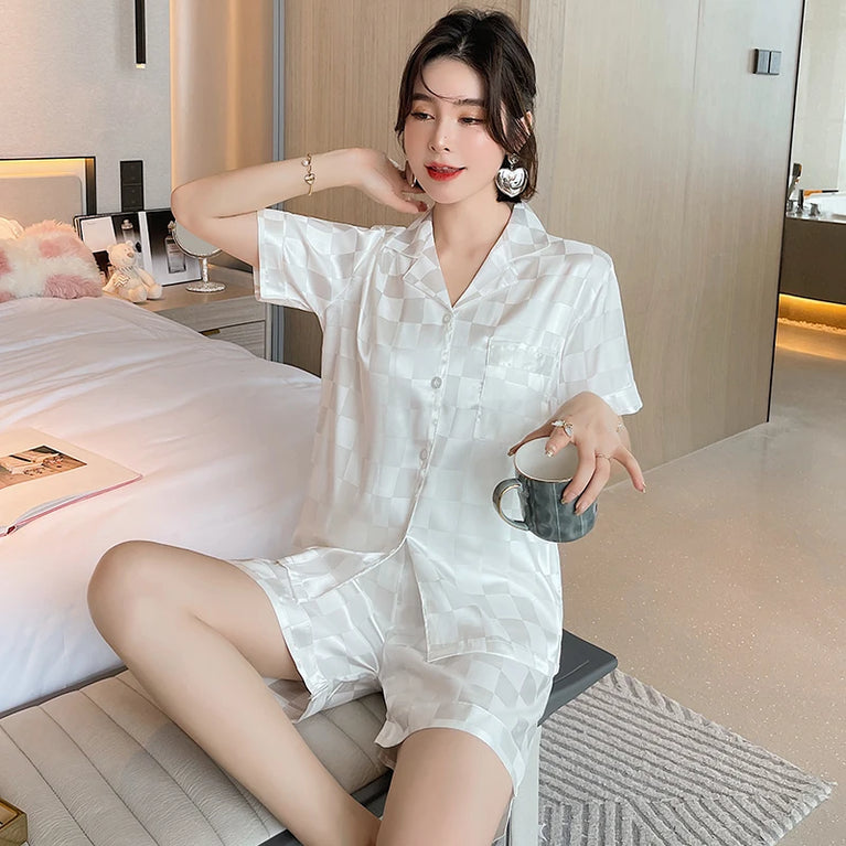 Women’s Ice Silk Sleepwear Set | Sweet Short Sleeve PJs