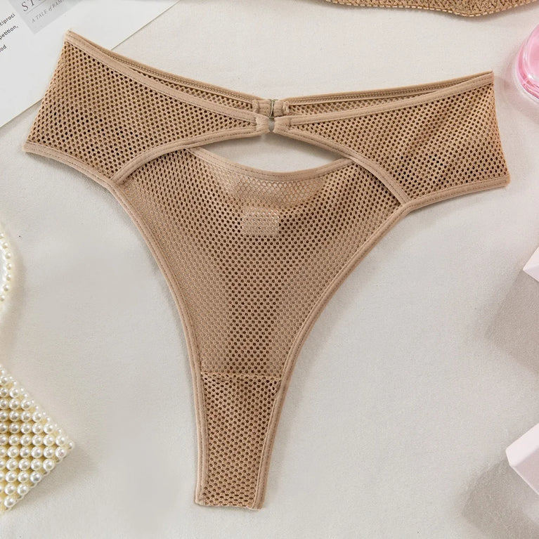 Hollow-Out Mesh Lingerie Set | Khaki See-Through 2-Piece Duo