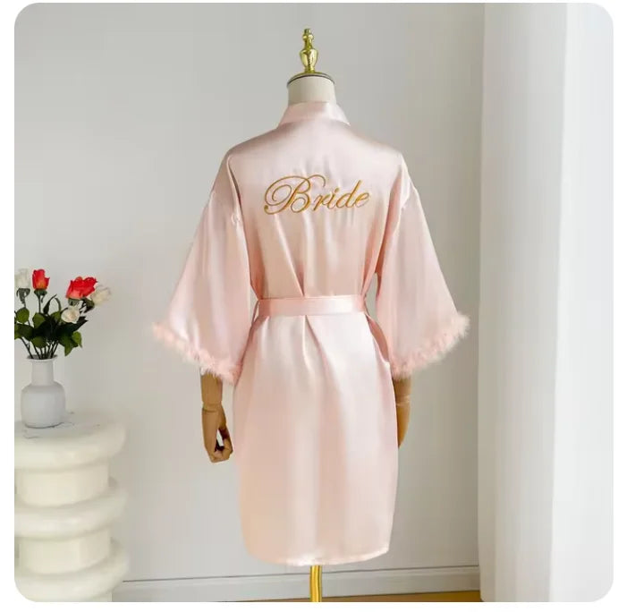 Bridal Satin Robe | Feather-Trim Wedding Kimono