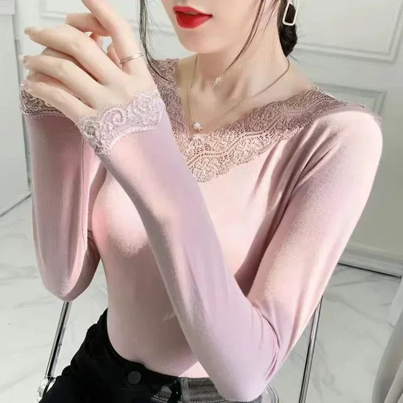 Autumn Long Sleeve Shirt V Neck Thin Blouse Women Top