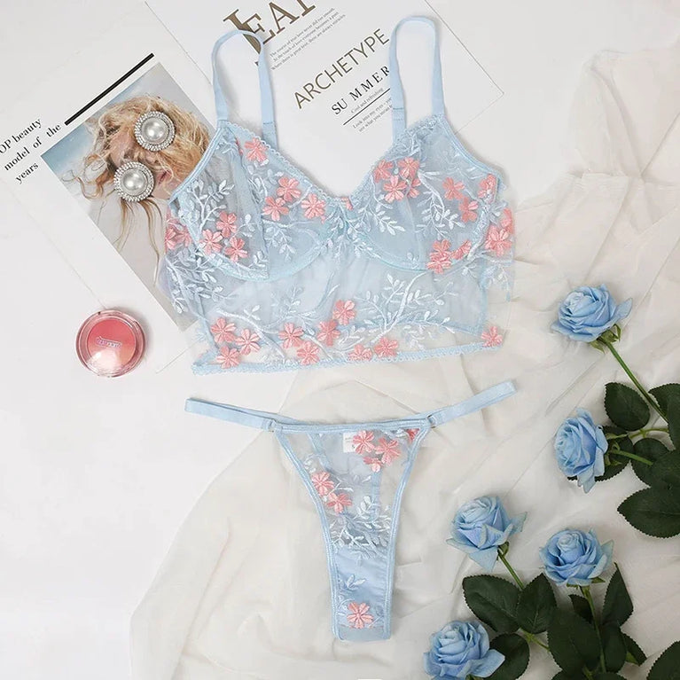 Floral Embroidery Unlined Bra and Brief Set – Sexy Transparent Lingerie