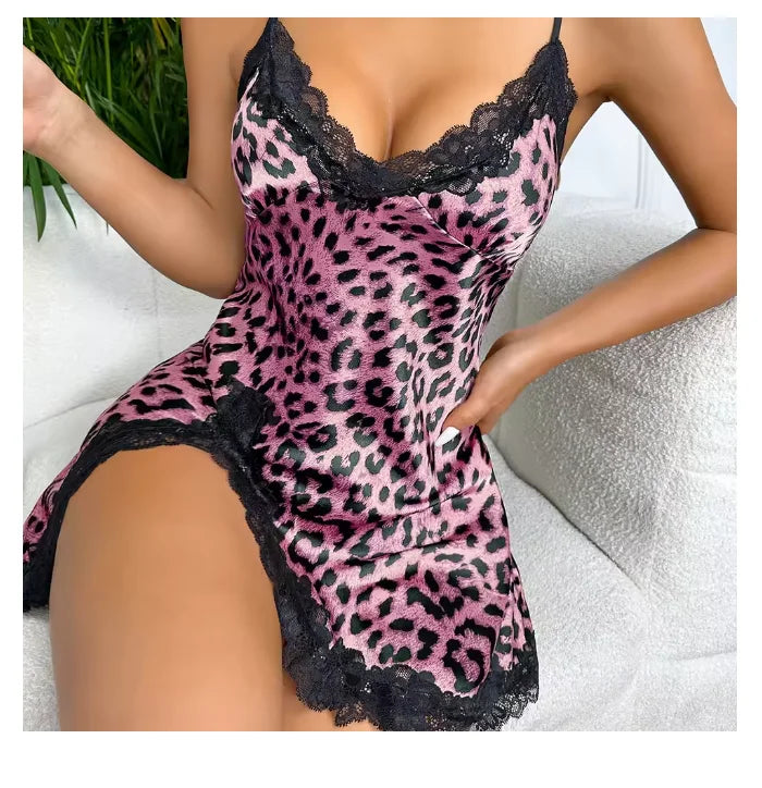 Leopard Print Mini Nightdress – Sexy V-Neck Backless Side-Split Slip Sleepwear for Women