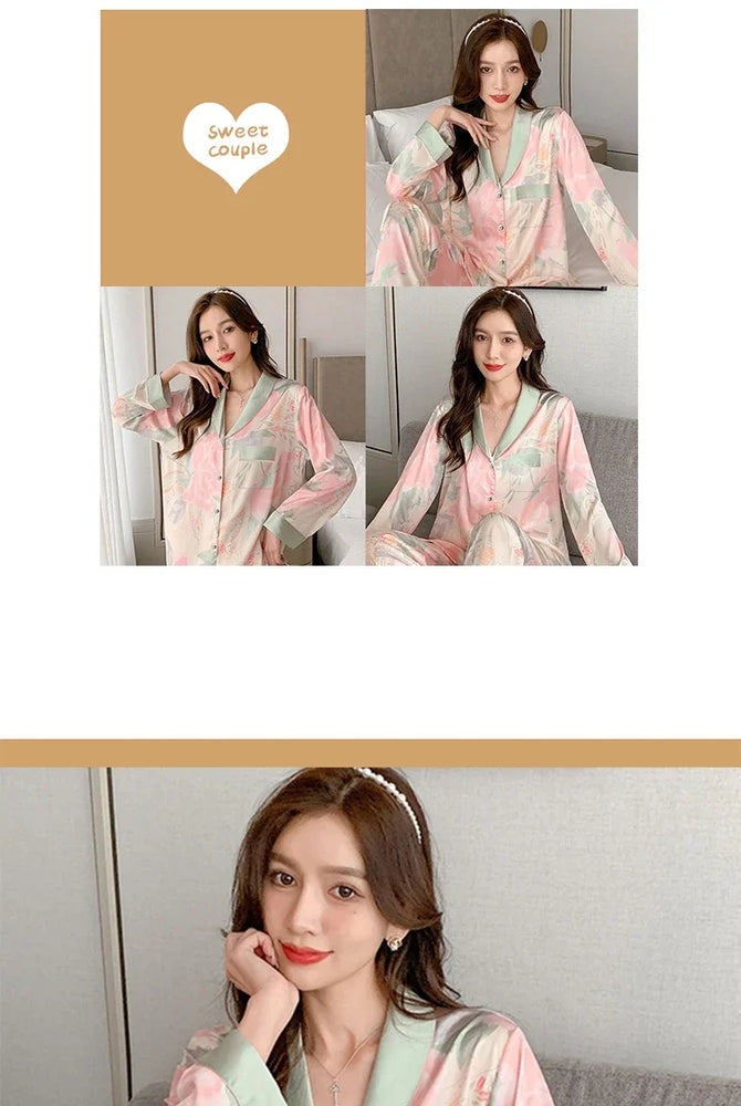 Women’s Floral Faux Silk Pajamas | 2-Piece Lapel Lounge Set
