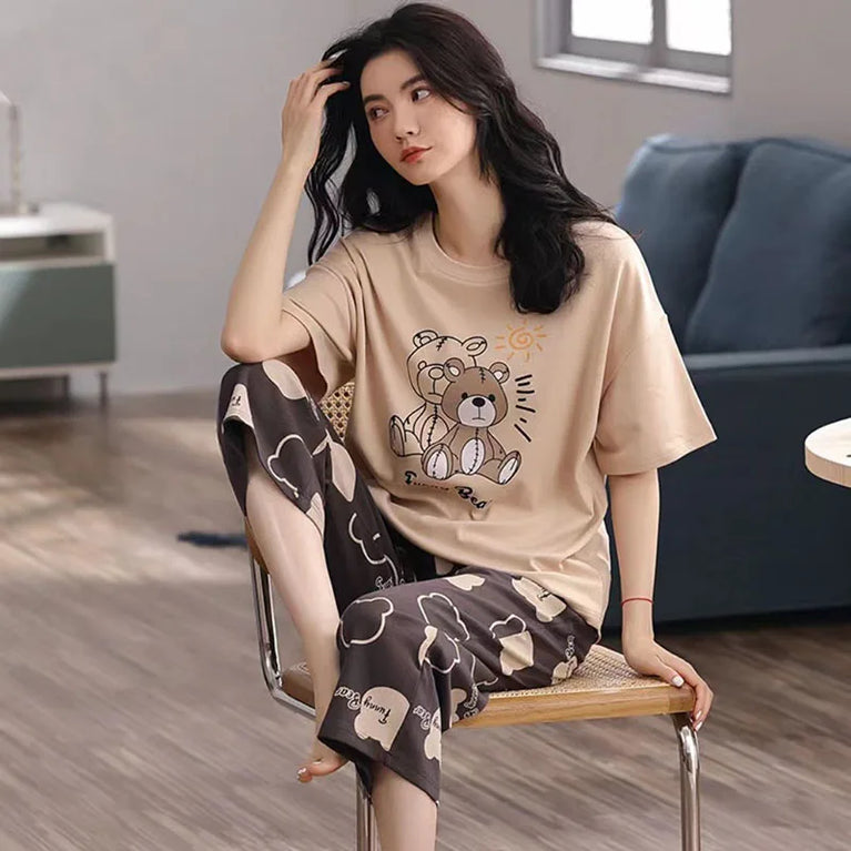 Women’s Milk Silk Pajama Set | Cute Cartoon Calf-Length Pants