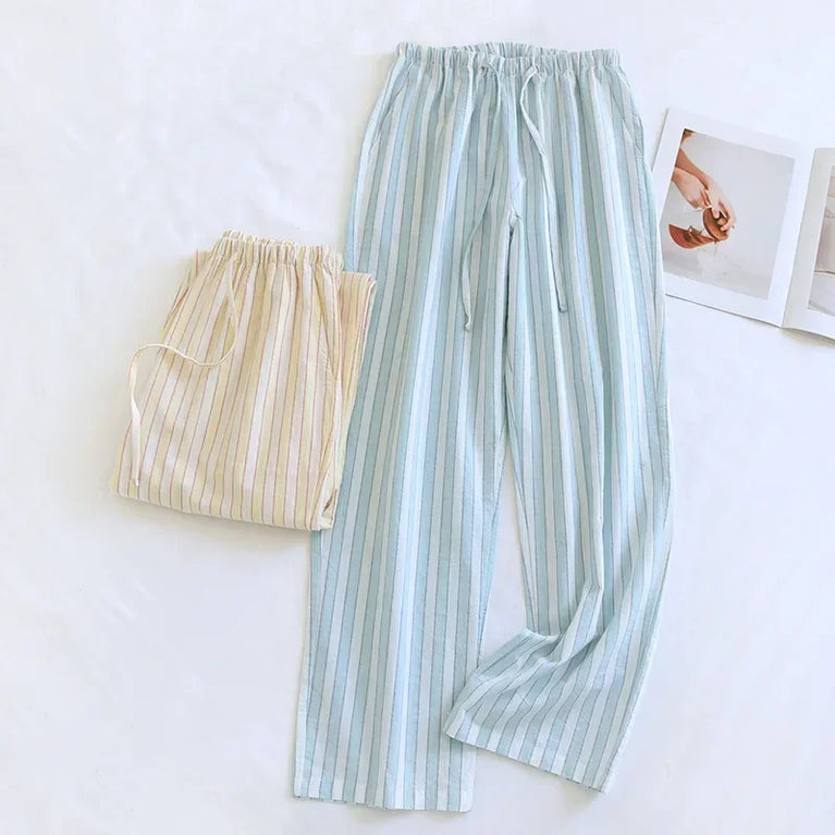 Cotton Gauze Pants | Striped Home Trousers