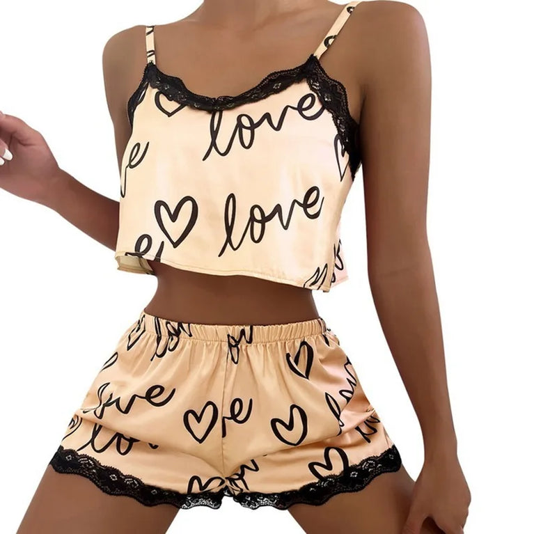 Women’s Silky Satin Pajama Set | Lace Cami & Shorts Nighty