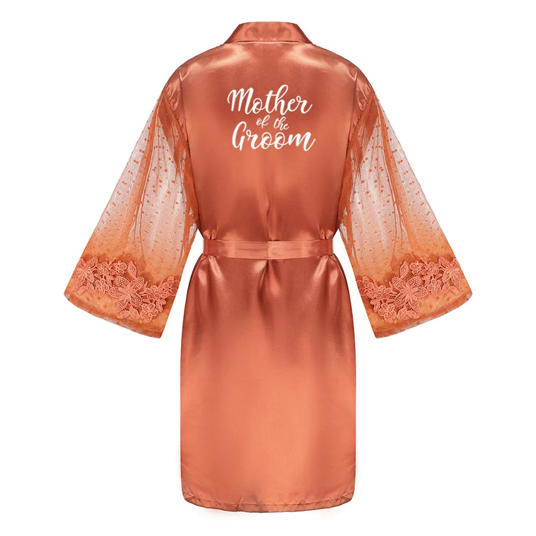 Caramel Wedding Robe | Mesh-Sleeve Satin Kimono