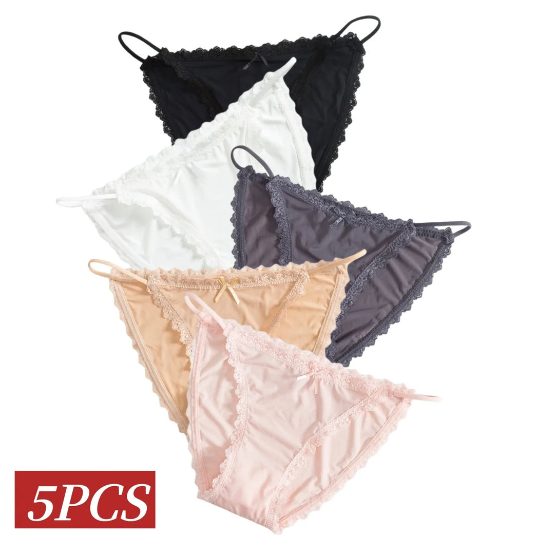 5pc Ice Silk Panties | Lace Trim Brazilian Briefs