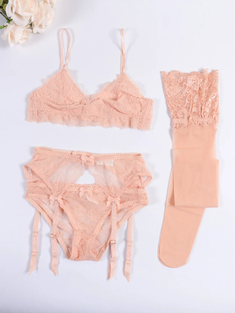 Seamless Floral Lace 4-Piece Lingerie Set – Sexy Underwire Bra & Robe