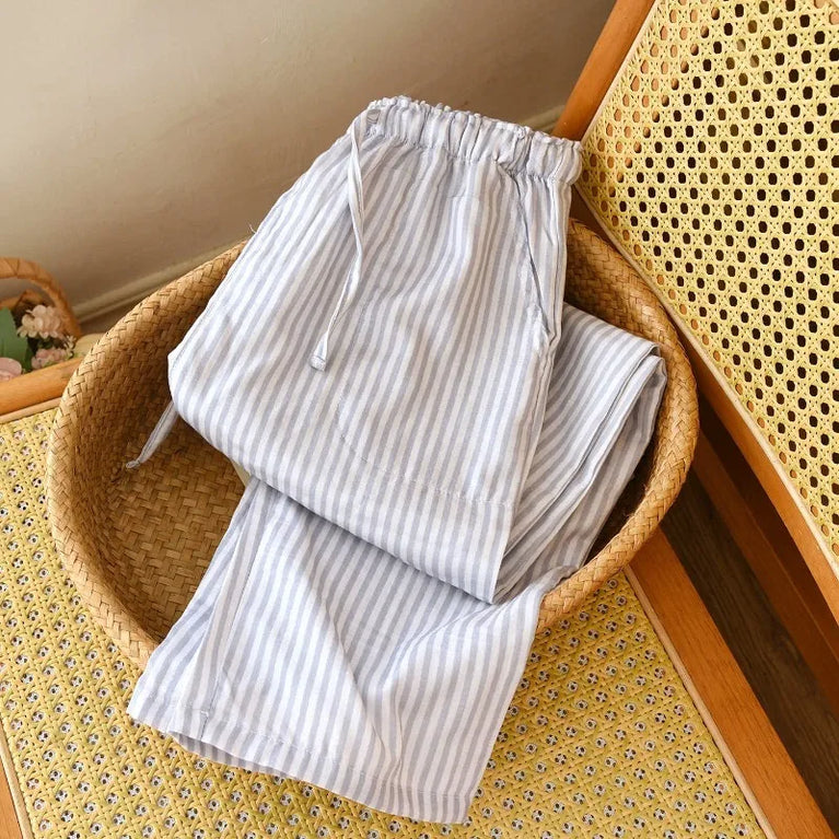 Cotton Gauze Pants | Striped Home Trousers