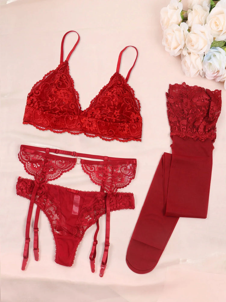 Seamless Floral Lace 4-Piece Lingerie Set – Sexy Underwire Bra & Robe