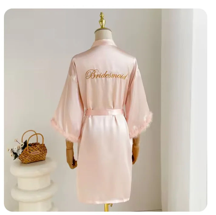 Bridal Satin Robe | Feather-Trim Wedding Kimono