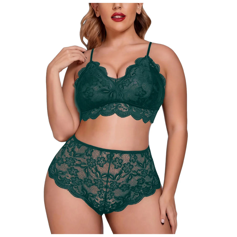 SEAMLESS LACE DEEP V NECK PUSH UP BRA SET HIGH WAIST THONG PLUS SIZE LINGERIE