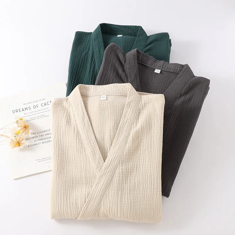 2026 Japanese Style 100% Cotton Crepe Robe – Breathable Summer Couple’s Kimono Bathrobe & Thin Sleeping Gown