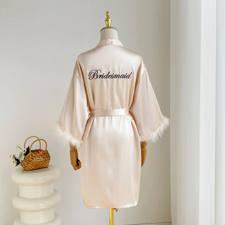 Bridal Satin Robe | Feather-Trim Wedding Kimono