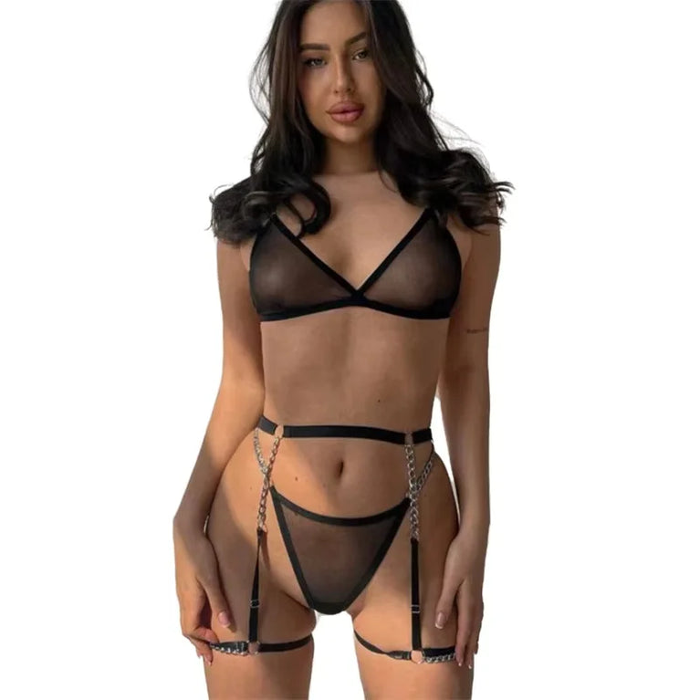 ULTRA THIN MESH BRA AND THONG LINGERIE SET SEE THROUGH METAL CHAIN 4PCS SEXY UNDERWEAR