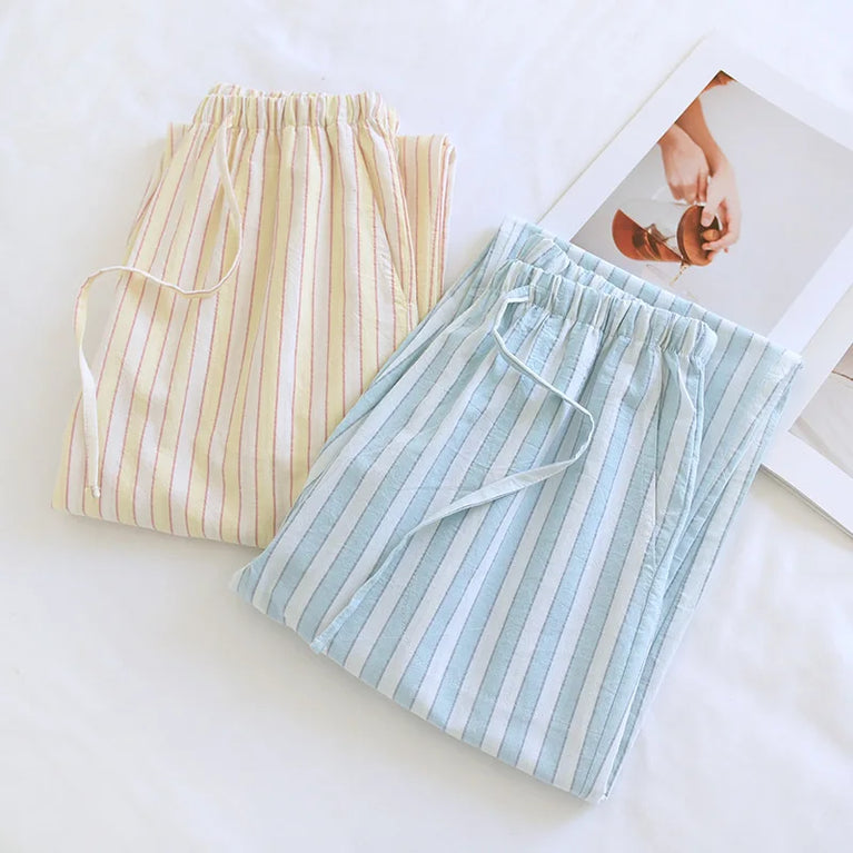 Cotton Gauze Pants | Striped Home Trousers