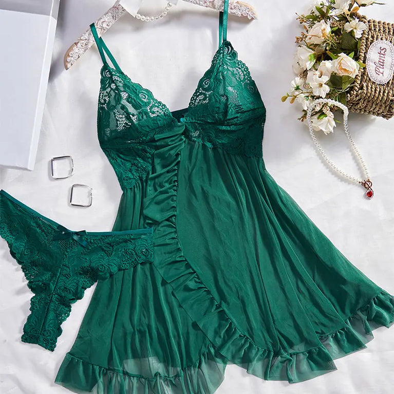 V-Neck Lace and Linen Mini Nightgown - Sexy Sleepwear for Women