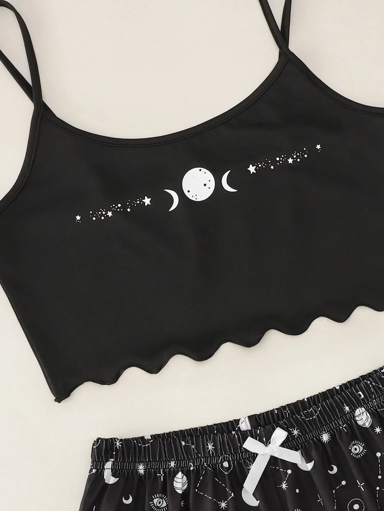 Star Moon Printed Pajama Set | Summer Sleeveless Sleepwear