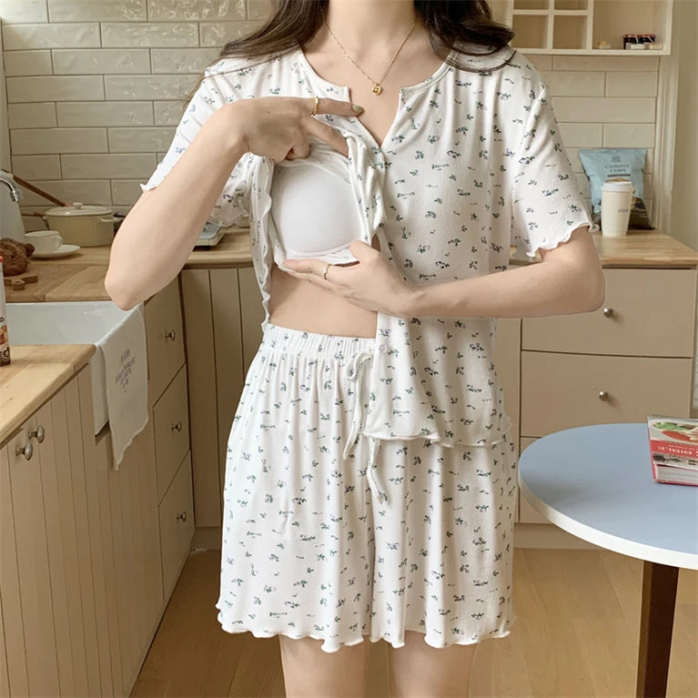 Women’s Floral Summer Pajama Set | Korean Style Home Clothes